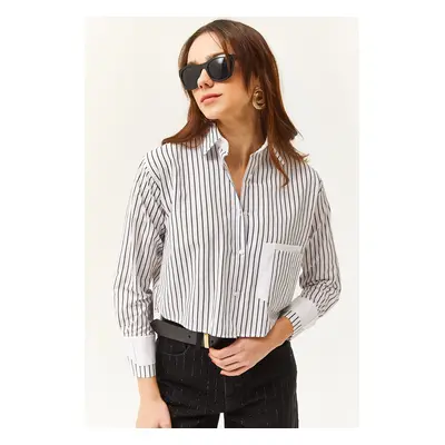 Olalook Women's White Black Pocket and Cuff Detailed Striped Crop Shirt