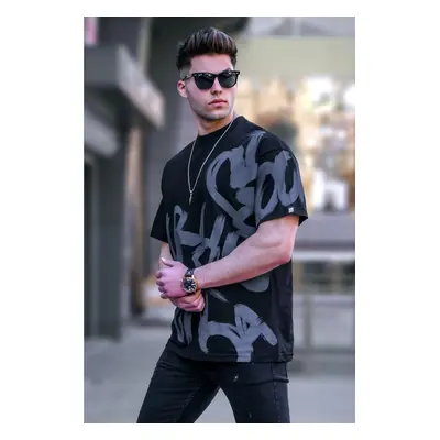 Madmext Men's Black Overfit Patterned T-Shirt