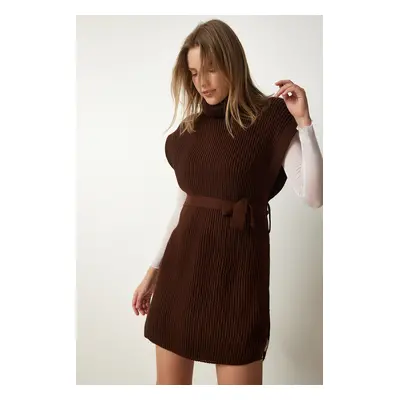 Happiness İstanbul Women's Brown Turtleneck Belted Knitwear Sweater