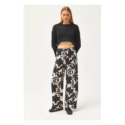 Olalook Women's Black Large Floral Pattern Palazzo Cupra Trousers