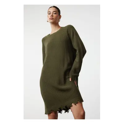 Trendyol Khaki Mini Knitwear Wide Patterned Plain Dress with Draping Detail