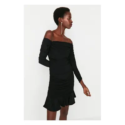 Trendyol Black Ruffle Detail Elegant Evening Dress