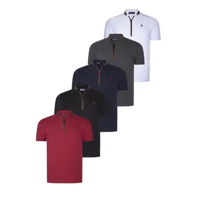 QUINTUPLE SET T8571 DEWBERRY ZIPPER MEN'S T-SHIRT-BLACK-WHITE-NAVY BLUE-ANTHRACITE-BURGUNDY