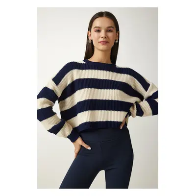 Happiness İstanbul Women's Navy Blue Cream Striped Crop Knitwear Sweater