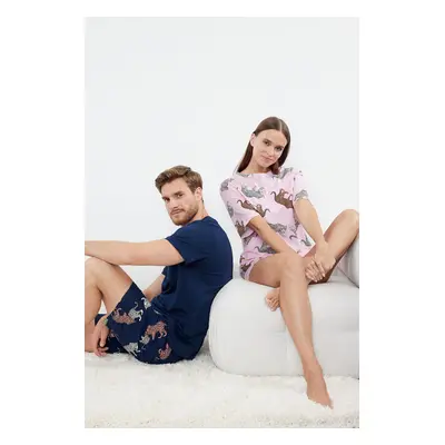 Trendyol Navy Blue Regular Fit Animal Patterned Couple Knitted Pajama Set with Shorts