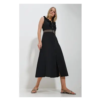 Trend Alaçatı Stili Women's Black Poplin Woven Dress With Frilly Front Belt