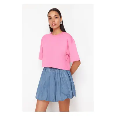 Trendyol Premium Pink 100% Cotton Basic Crop Knitted T-Shirt