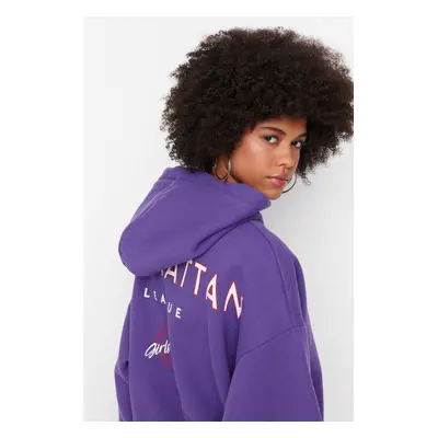 Trendyol Purple Back Print Detailed Hooded Thick Fleece Knitted Sweatshirt