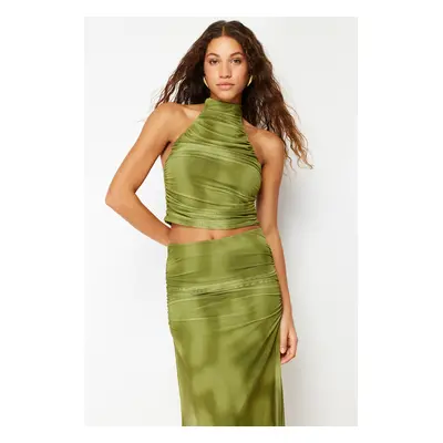 Trendyol Green Draped Weightlifting Neck Fitted/Situated Tulle Knit Knitted Blouse