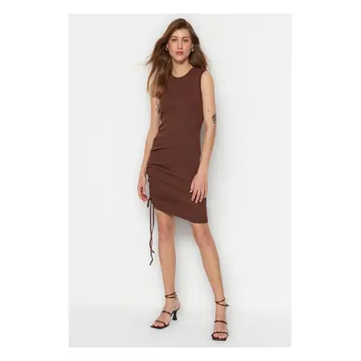 Trendyol Brown Crew Neck Fitted, Shirring Detailed Ribbed Flexible Mini Knitting Dress