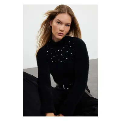 Trendyol Black Crop Soft Textured Bead Detailed Knitwear Sweater