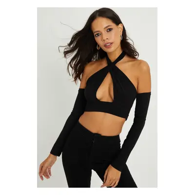 Cool & Sexy Women's Black Open Back Crop Blouse B1729