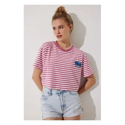 Happiness İstanbul Women's Pink Embroidery Detailed Striped 100% Cotton Crop Knitted T-Shirt