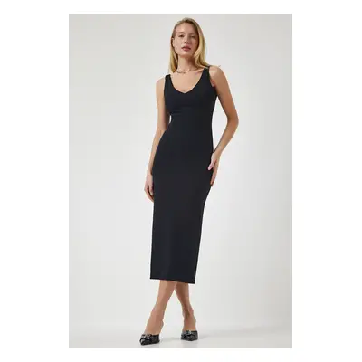 Happiness İstanbul Women's Black Strap V Neck Ribbed Knitted Dress