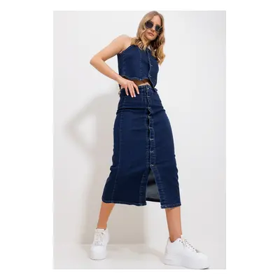 Trend Alaçatı Stili Women's Navy Blue Buttoned Jean Skirt