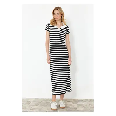 Trendyol Black Striped Striped Polo Neck Fitted Ribbed Flexible