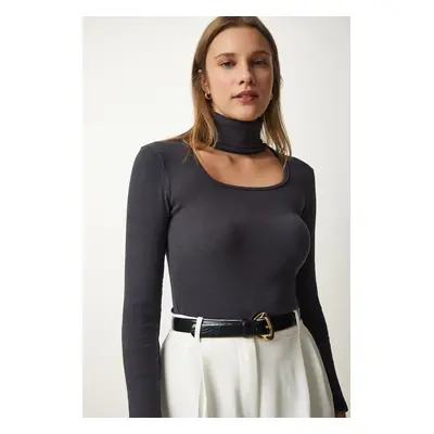 Happiness İstanbul Women's Anthracite Cut Out Detailed Turtleneck Ribbed Knitted Blouse