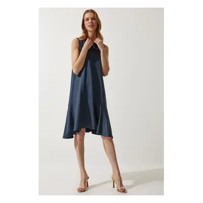 Happiness İstanbul Women's Indigo Blue Crew Neck Knitted Flounce A-Line Dress