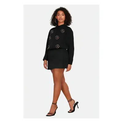 Trendyol Curve Black Plus Size Stone Embroidered Poplin Shirt