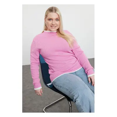 Trendyol Curve Pink Ribbed Collar Stripe Detailed Knitwear Sweater