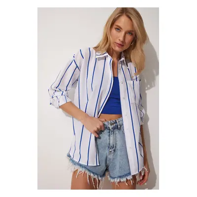 Happiness İstanbul Women's Blue White Striped Oversize Long Cotton Shirt