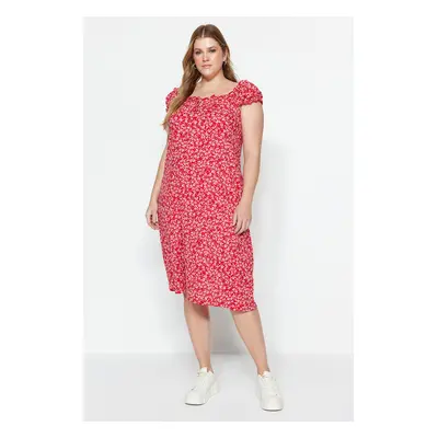 Trendyol Curve Red Floral Pattern Heart Neck Knitted Dress