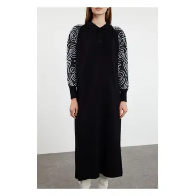 Trendyol Black Polo Neck Sleeves Patterned Knitwear Dress