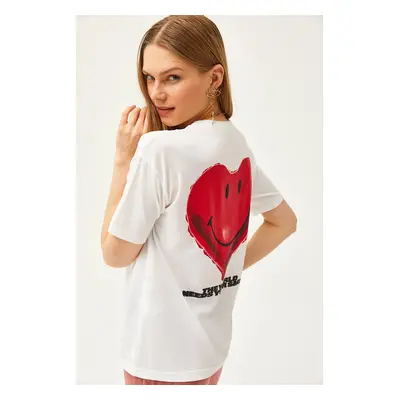 Olalook Women's Ecru Front Back Heart Printed T-Shirt