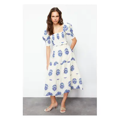 Trendyol Blue Patterned Square Neck Linen Look Belted Midi Woven Dress