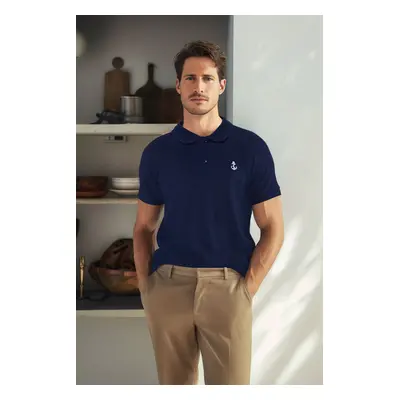 Trendyol Navy Blue Regular/Normal Cut 100% Cotton Embroidered Polo Neck T-shirt