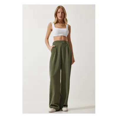 Happiness İstanbul Women's Khaki Velcro Waist Closure Palazzo Trousers