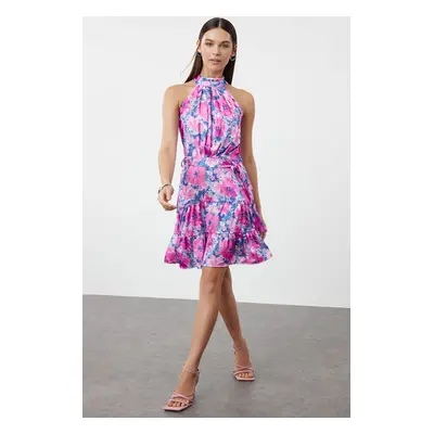 Trendyol Fuchsia Floral Print Halter Neck A-line Satin Mini Woven Dress