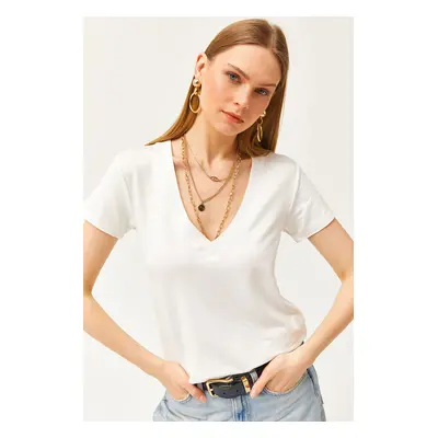 Olalook Women's Ecru Deep V-Neck Modal Touch T-Shirt