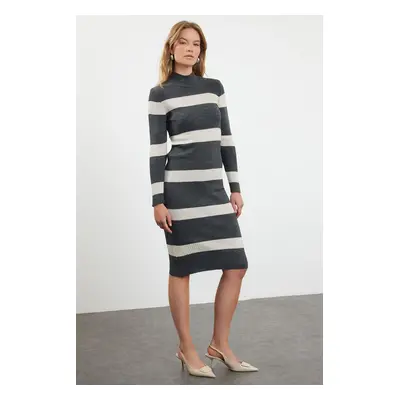 Trendyol Anthracite Midi Knit Striped Dress