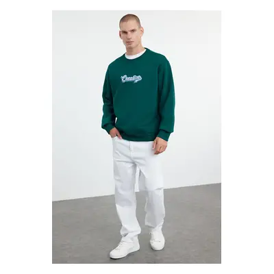 Trendyol Emerald Green Oversize/Wide Cut Text Embroidered Inside Polar Fleece Sweatshirt