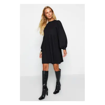 Trendyol Black Flounce Skater/Waist Closure/Textured Mini Knitted Dress