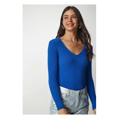 Happiness İstanbul Women's Blue V-Neck Ribbed Basic Blouse