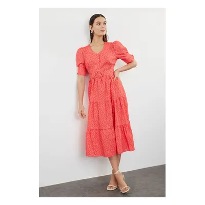 Trendyol Red Ethnic Patterned Belted A-Line V-Neck Woven Dress