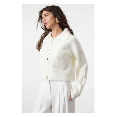 Trendyol Bone Boucle Polo Neck Coat Look Knitwear Cardigan