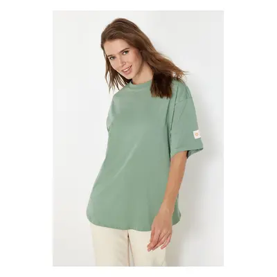 Trendyol Mint More Sustainable 100% Cotton Oversize Cut Knitted T-Shirt with Woven Label