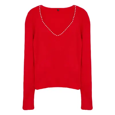 Trendyol Red Pearl Detailed V-Neck Knitwear Sweater