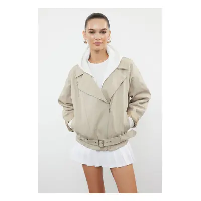 Trendyol Beige Oversize Belted Gabardine Biker Thin Jacket Coat