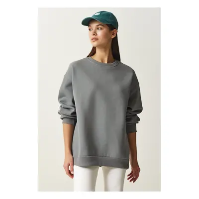 Happiness İstanbul Women's Gray Raised Basic Sweatshirt