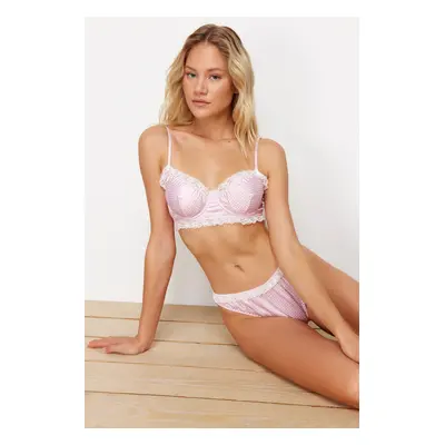 Trendyol Pink Satin Gingham Lace Detailed Rope Strapless Lingerie Set