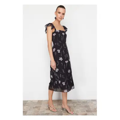 Trendyol Black Floral A-Line Sleeves Flounce Midi Woven Dress