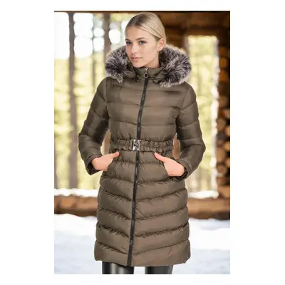 Z6690 DEWBERRY FUR HOODED LADIES' COAT-PLAIN KHAKI