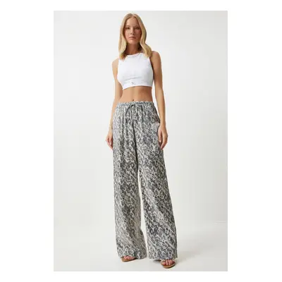 Happiness İstanbul Women's Gray Cream Leopard Patterned Palazzo Trousers