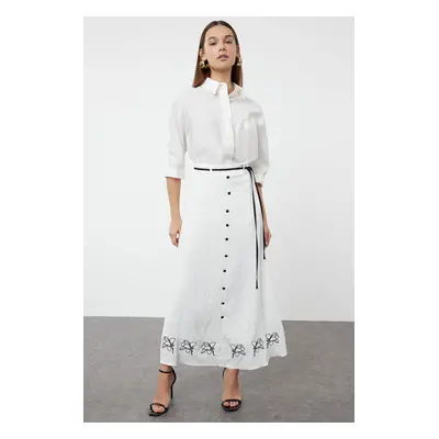 Trendyol Ecru Lined Embroidered Belted Button Detailed Woven Skirt