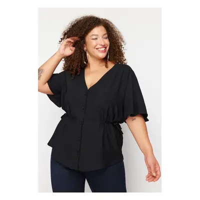 Trendyol Curve Black Knitted V-Neck Tiered Blouse