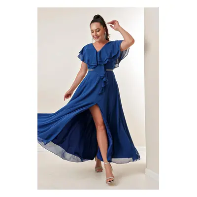 By Saygı V-Neck Plus Size Long Chiffon Dress with Ruffles, Stony Waist, and a Front Slit.